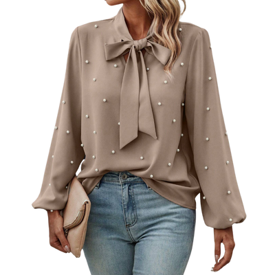 Lola™ | Elegant Bluse med Knute Krage og Perler