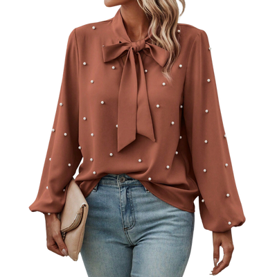 Lola™ | Elegant Bluse med Knute Krage og Perler